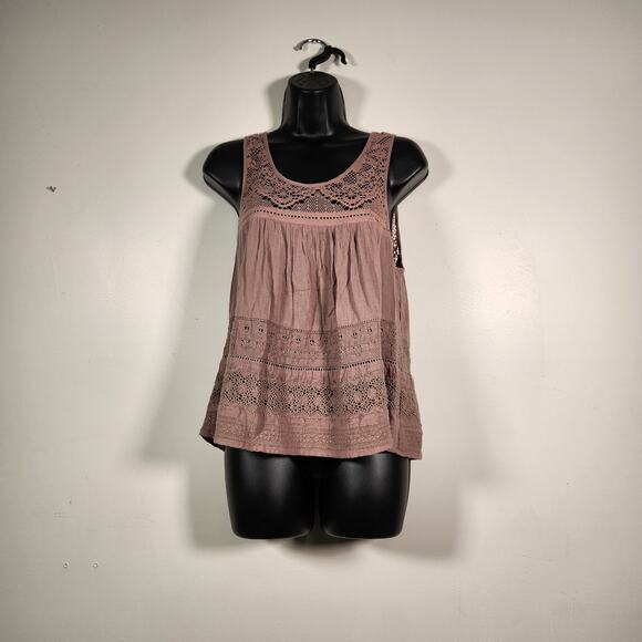 American Eagle Outfitters Tops - AMERICAN EAGLE Tank Blouse Women Small Light Chocolate Brown Lace Floral Crochet